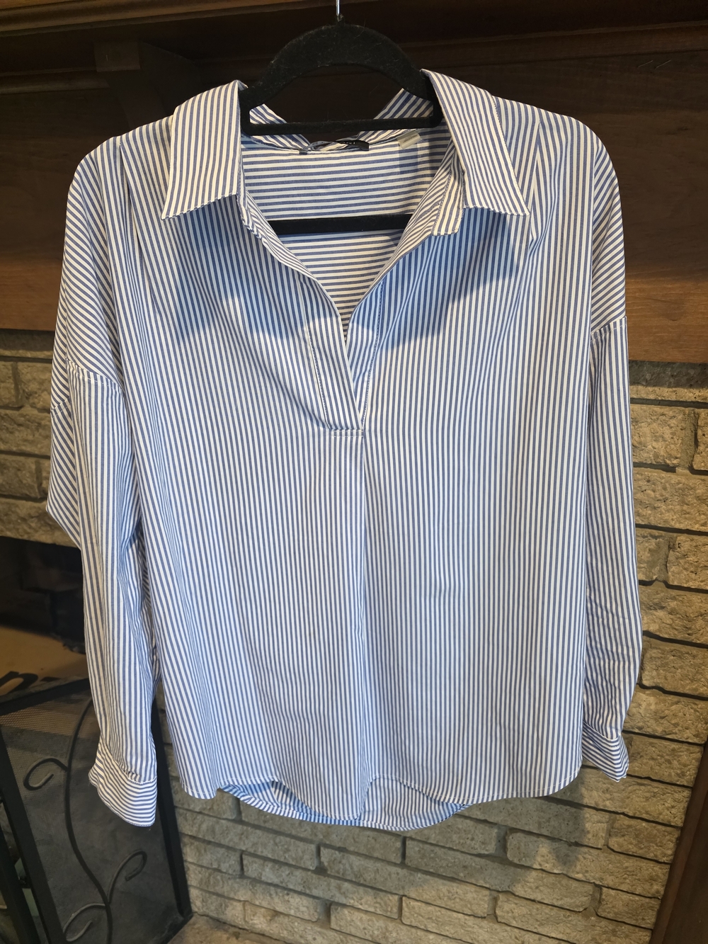 T Tahari Navy and White Striped Button-Up Shirt - Picture 3 of 7